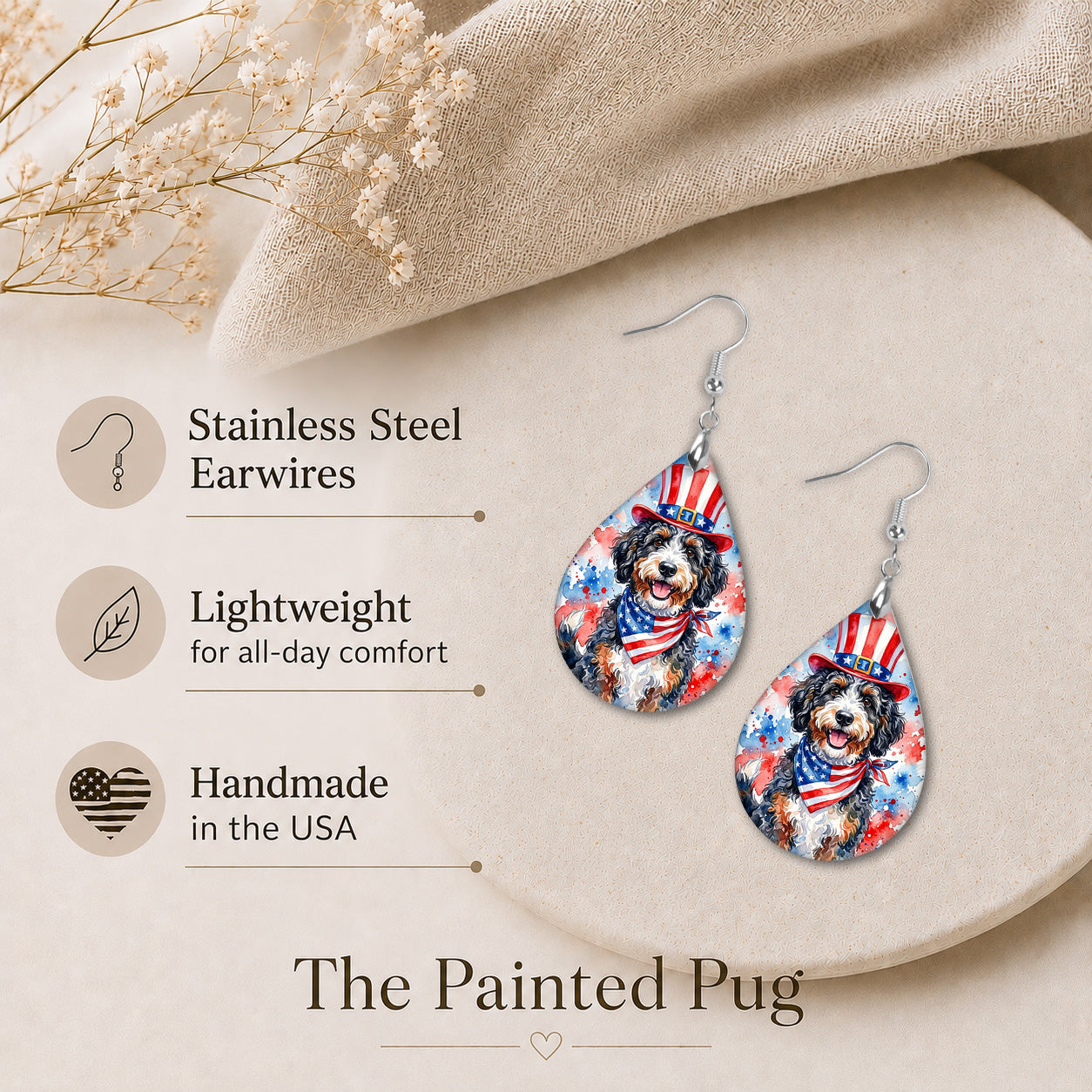 Bernedoodle 4th of July Earrings | Patriotic Dog Mom
