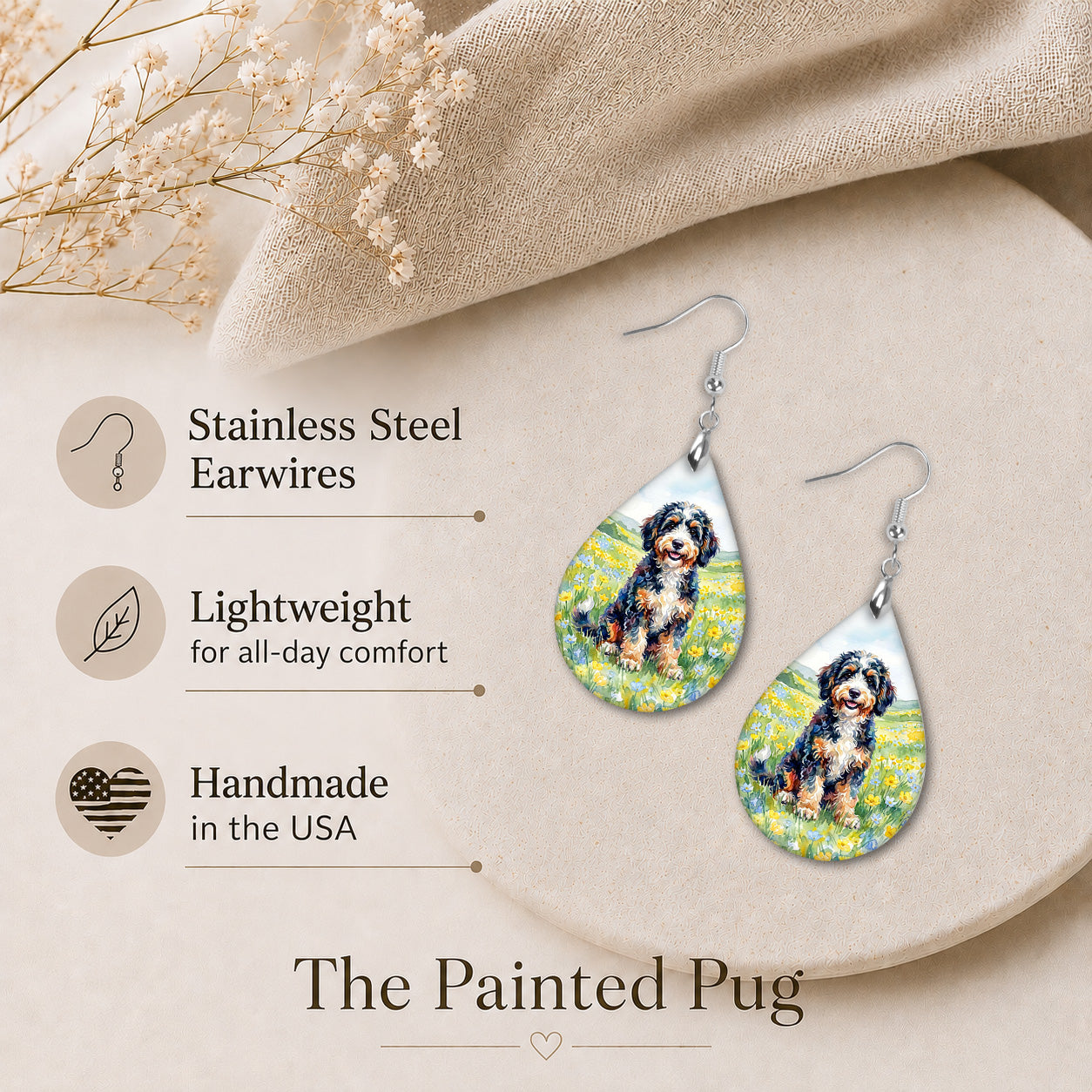 Bernedoodle Floral Earrings | Blue Yellow Wildflower