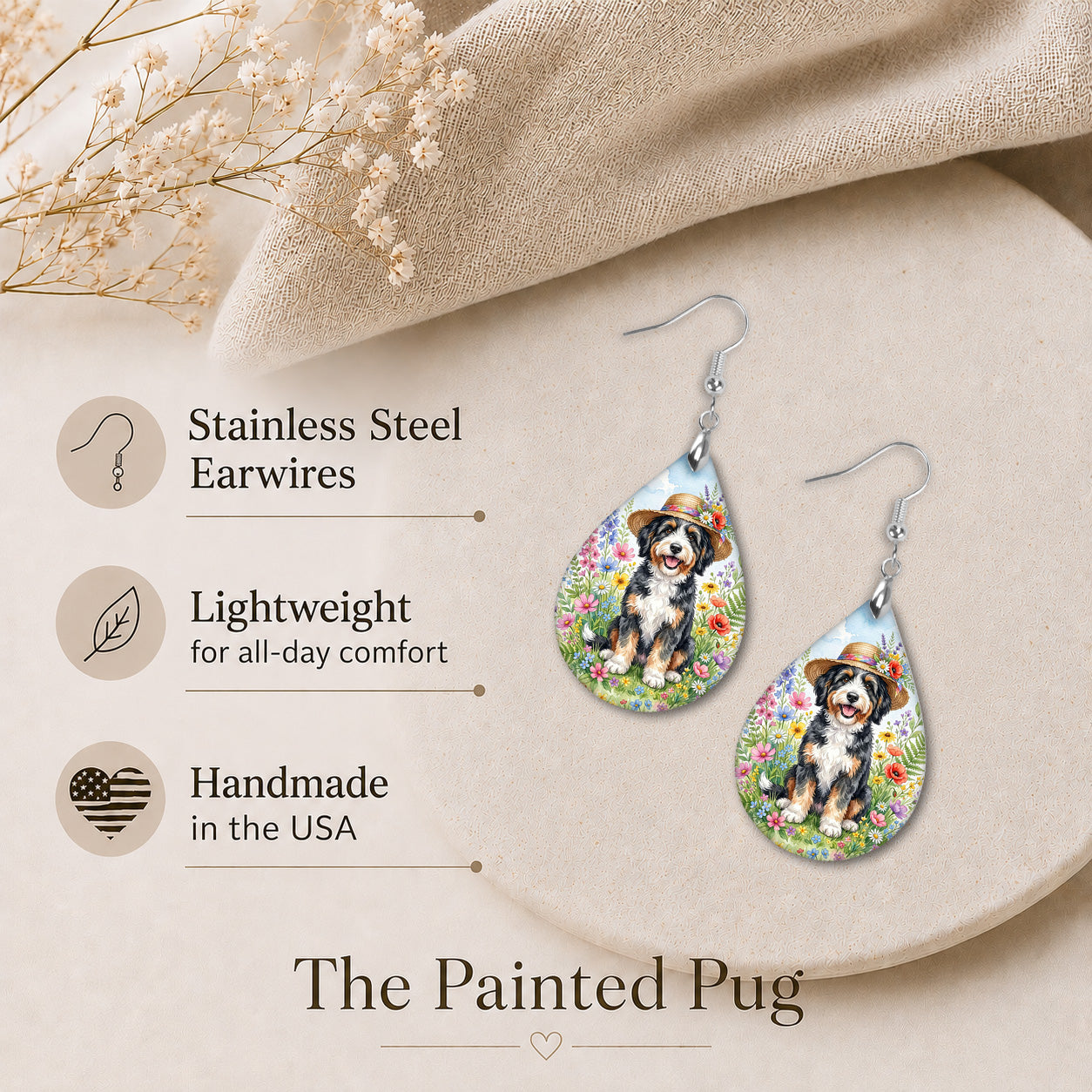 Bernedoodle Wildflower Garden Teardrop Dangle Earrings — 2 Sizes