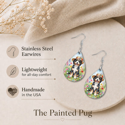 Bernedoodle Wildflower Garden Teardrop Dangle Earrings — 2 Sizes