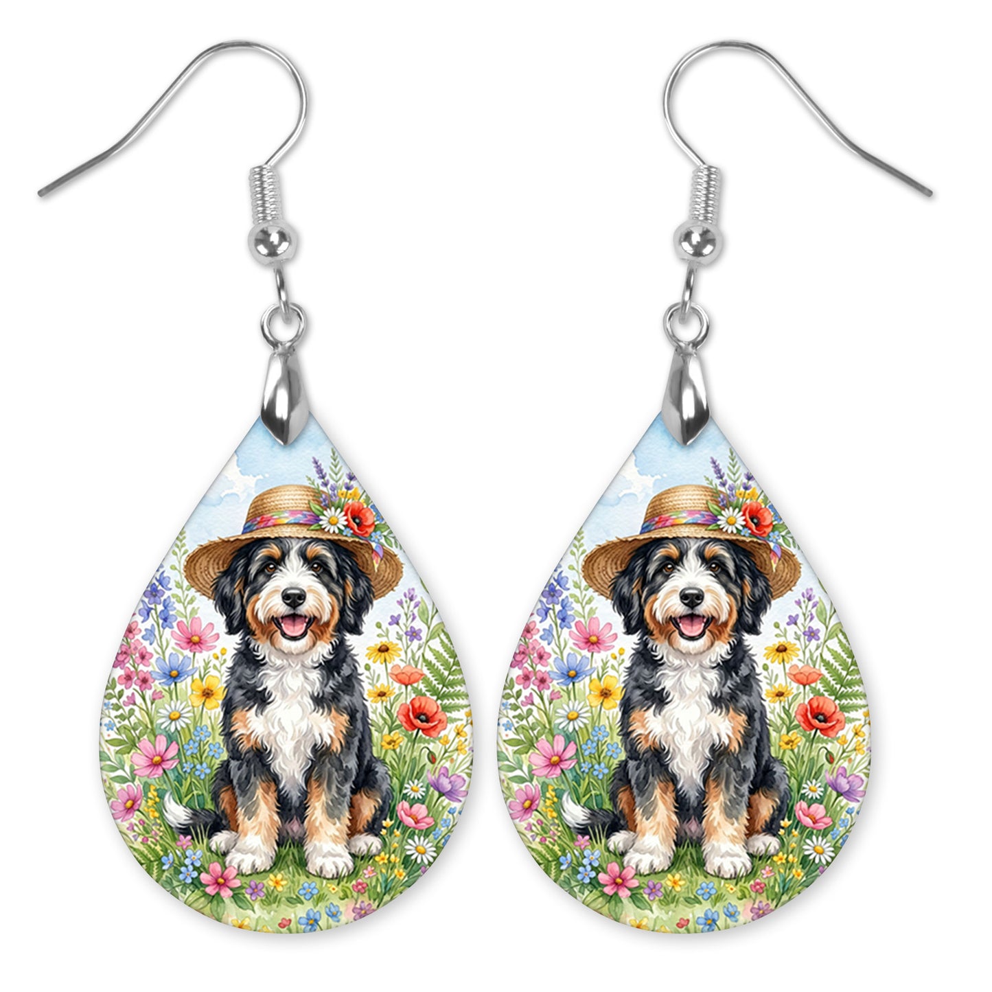 Bernedoodle Wildflower Garden Teardrop Dangle Earrings — 2 Sizes