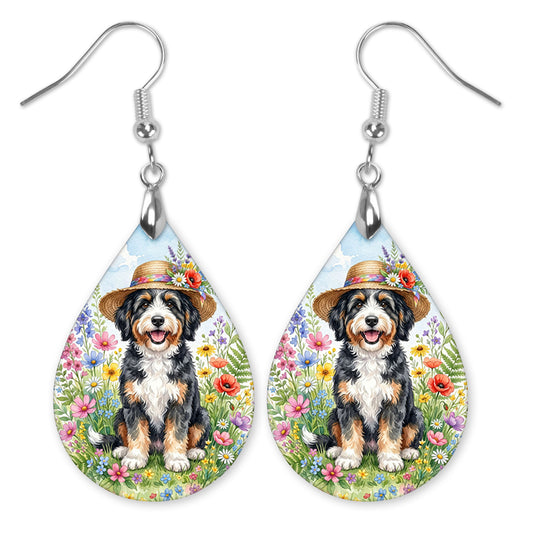 Bernedoodle Wildflower Garden Teardrop Dangle Earrings — 2 Sizes