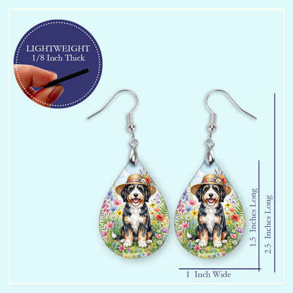 Bernedoodle Wildflower Garden Teardrop Dangle Earrings — 2 Sizes