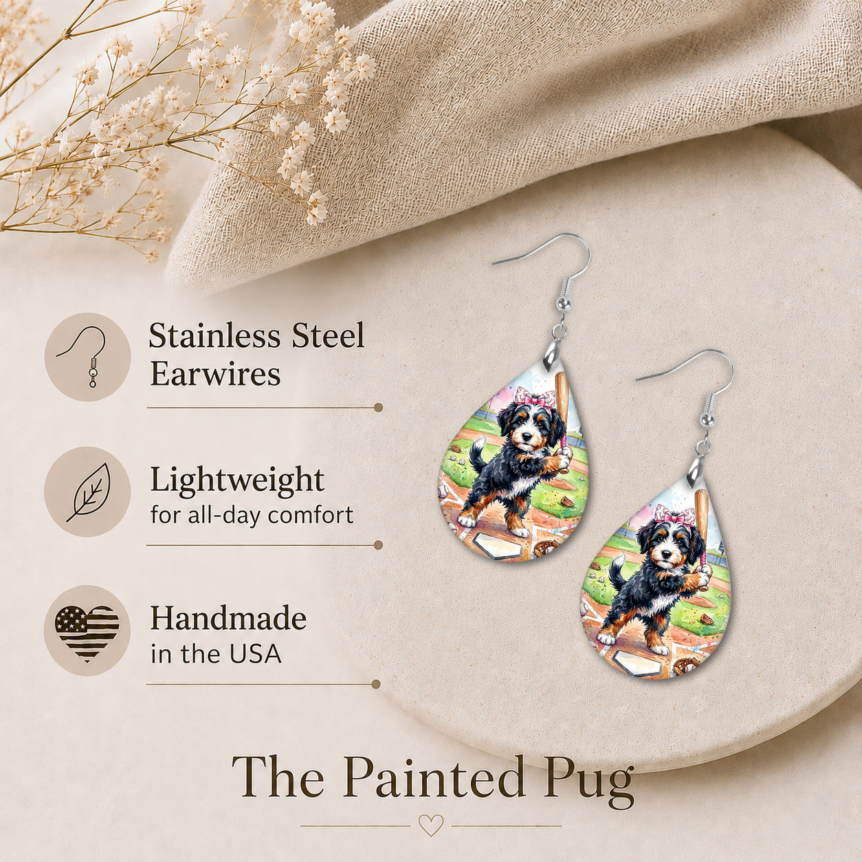 Bernedoodle Baseball Earrings | Dog Mom Sports Gift