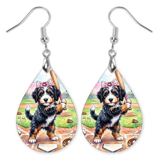 Bernedoodle Baseball Earrings | Dog Mom Sports Gift