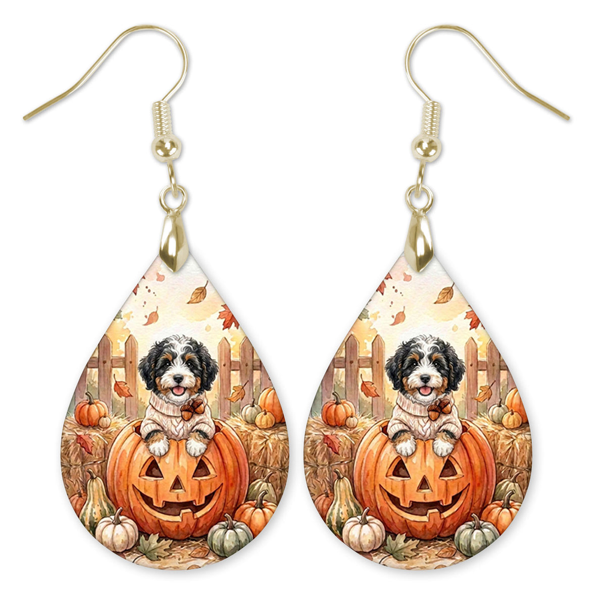 Bernedoodle in a jack-o-lantern teardrop earrings with gold hooks