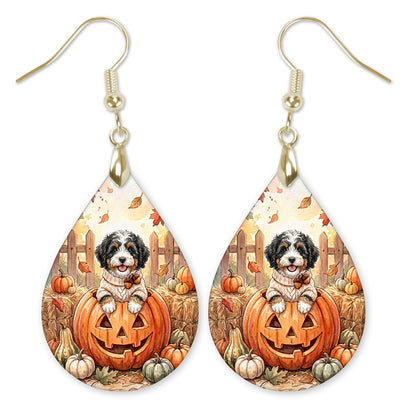Bernedoodle in a jack-o-lantern teardrop earrings with gold hooks