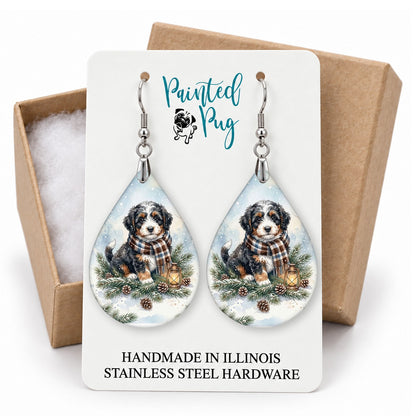 Bernedoodle Winter Woodland teardrop earrings on a gift box card