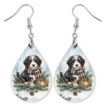 Bernedoodle Winter Woodland teardrop earrings with silver-tone hooks
