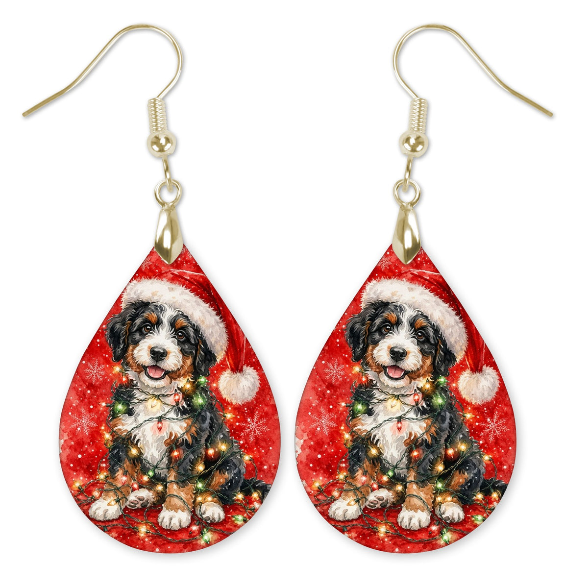 Bernedoodle Christmas Lights teardrop earrings with gold-tone hooks