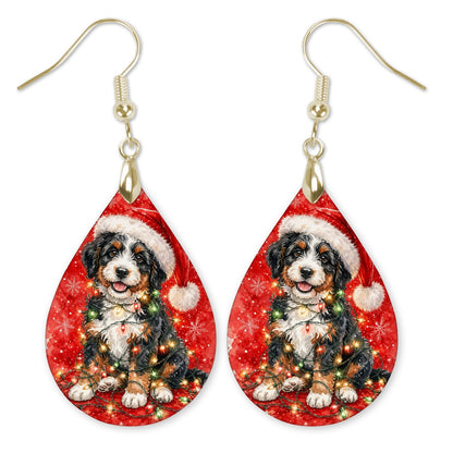 Bernedoodle Christmas Lights teardrop earrings with gold-tone hooks