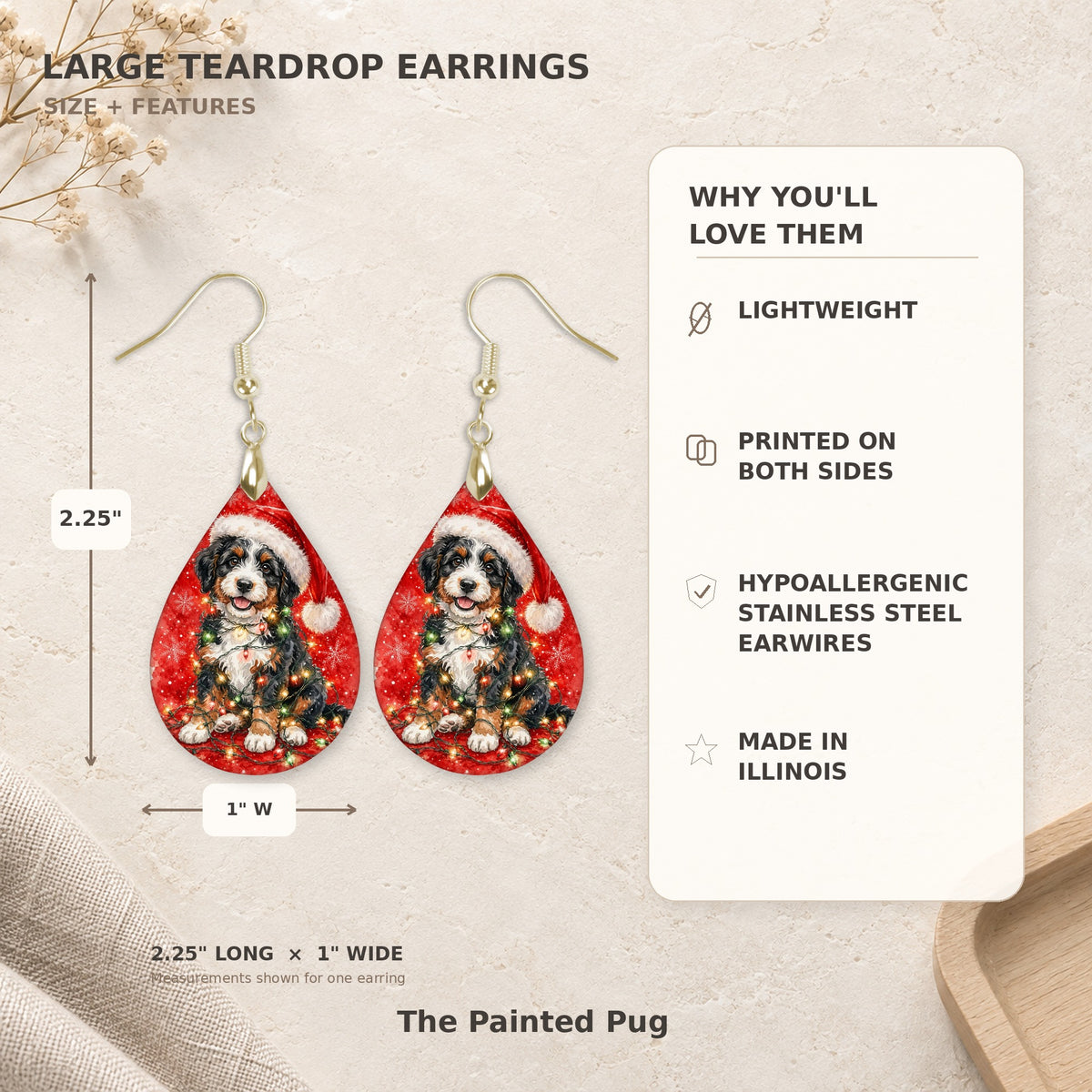 Earring size guide: 2.25 inches long with hook, 1 inch wide