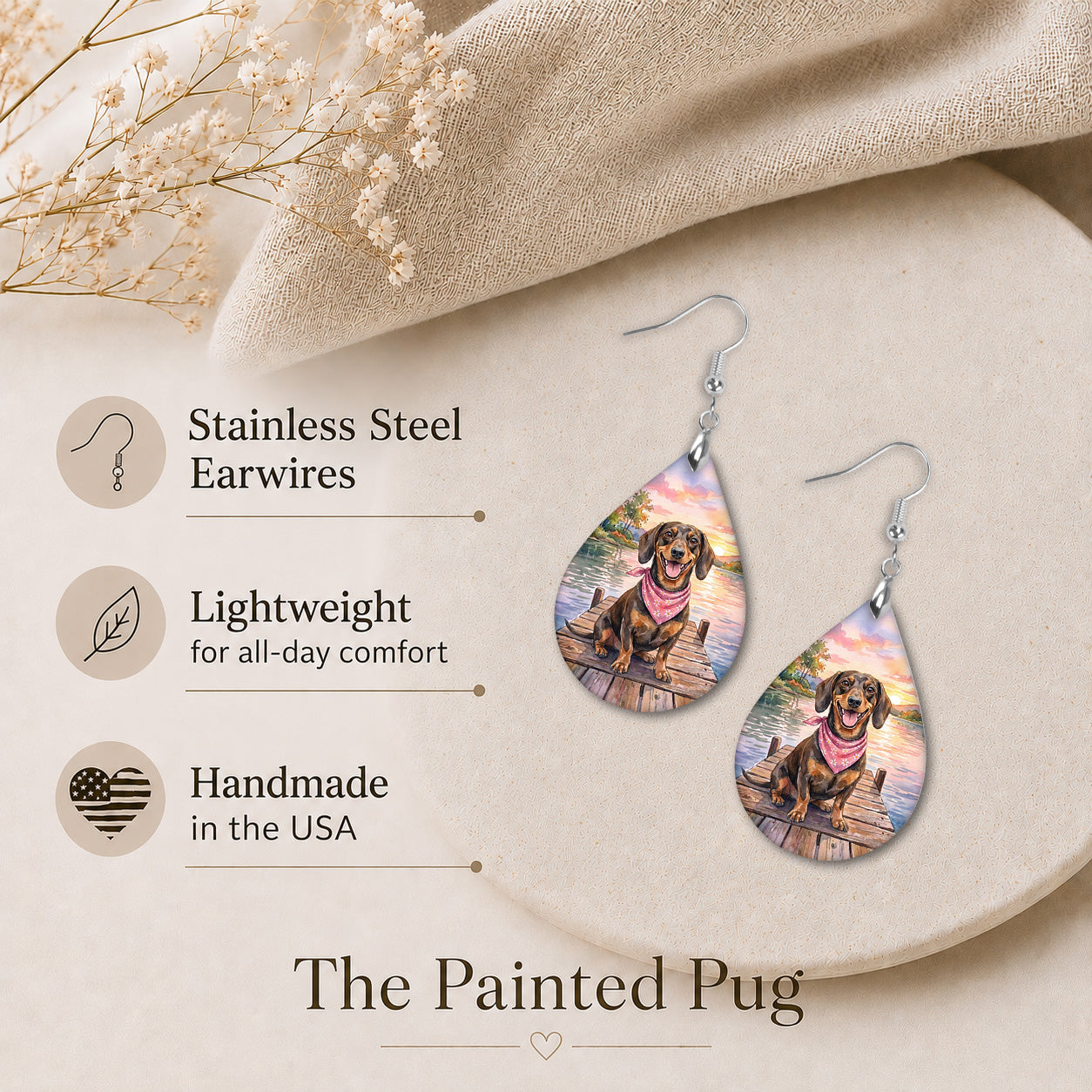 Dachshund Lake Sunset Teardrop Earrings
