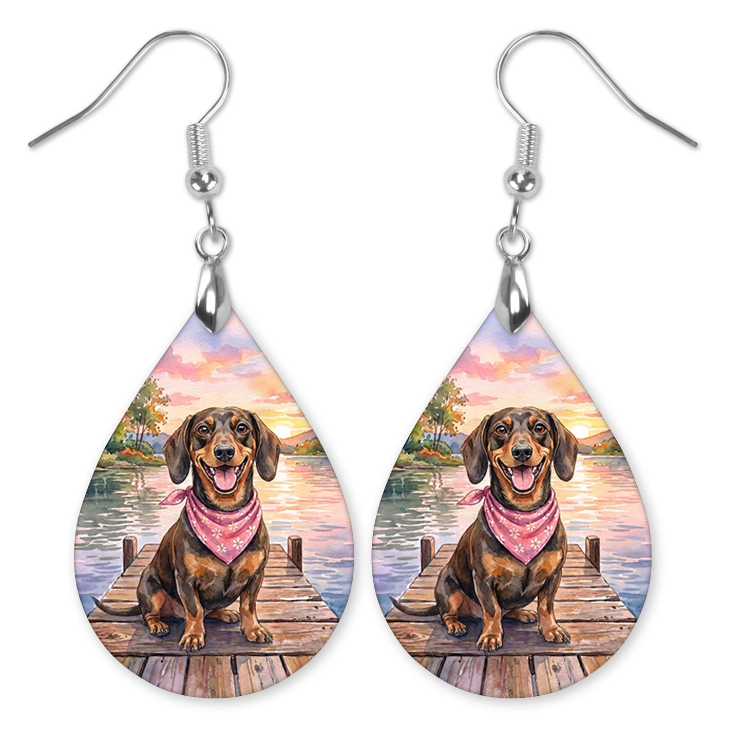 Dachshund Lake Sunset Teardrop Earrings