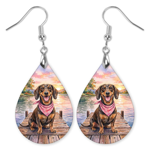 Dachshund Lake Sunset Teardrop Earrings