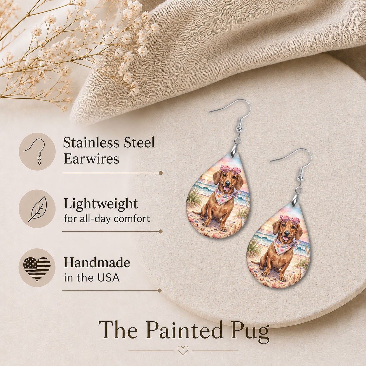 Dachshund Beach Sunset Teardrop Earrings