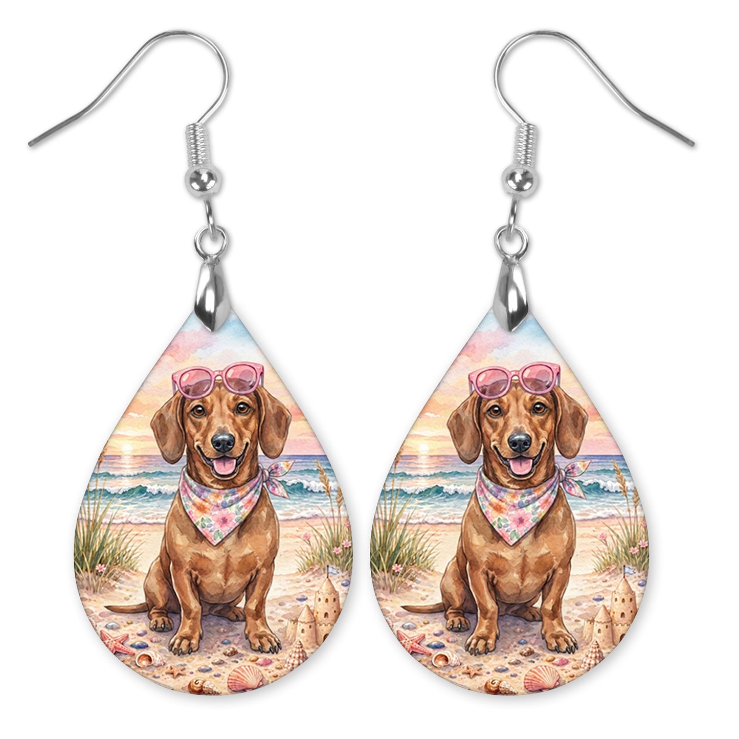 Dachshund Beach Sunset Teardrop Earrings