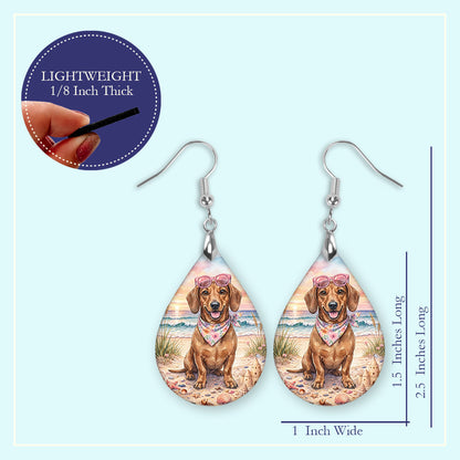 Dachshund Beach Sunset Teardrop Earrings