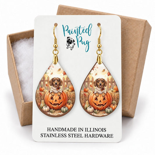 Dachshund Pumpkin Teardrop Earrings gift box