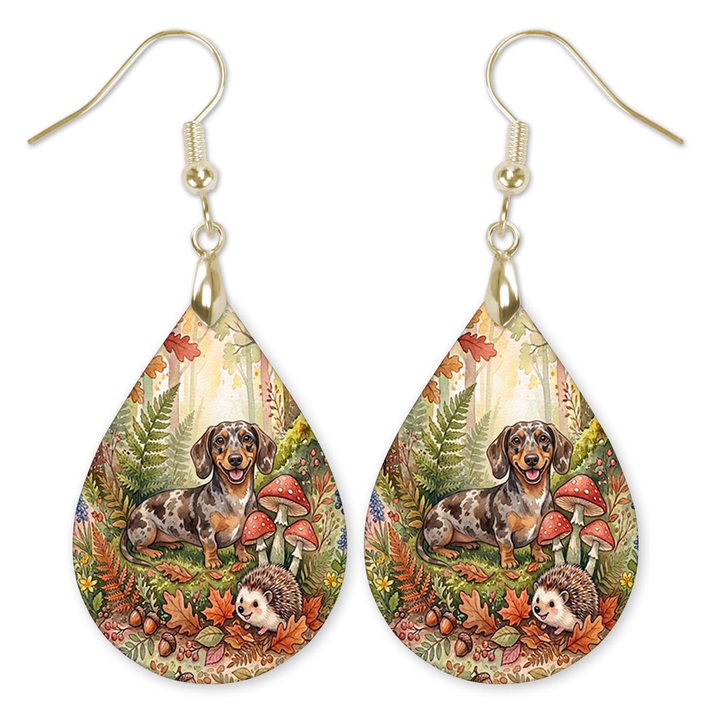 Dachshund woodland teardrop earrings with gold hooks