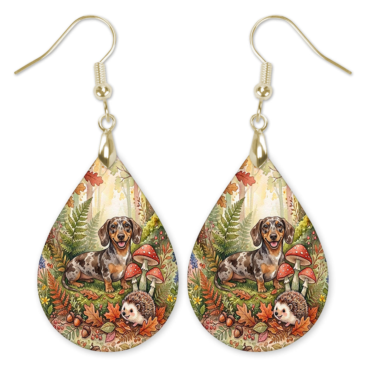 Dachshund woodland teardrop earrings with gold hooks
