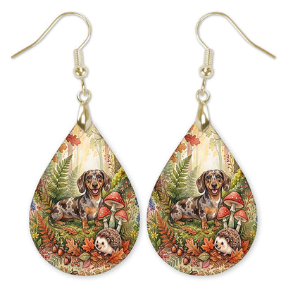 Dachshund woodland teardrop earrings with gold hooks