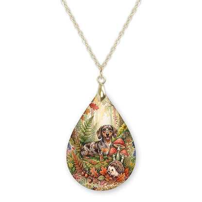Dachshund woodland teardrop necklace on a gold chain
