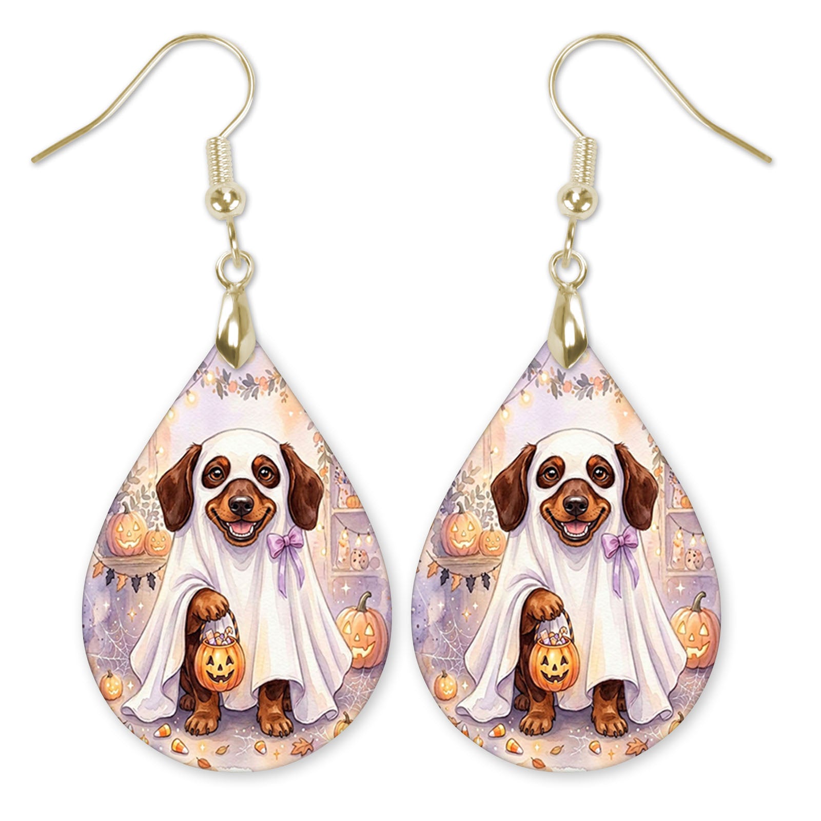 Dachshund in a ghost costume teardrop earrings with gold hooks