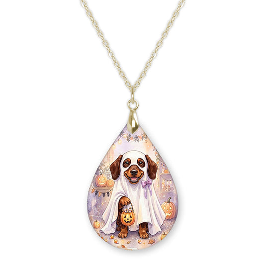 Dachshund in a ghost costume teardrop necklace on a gold chain