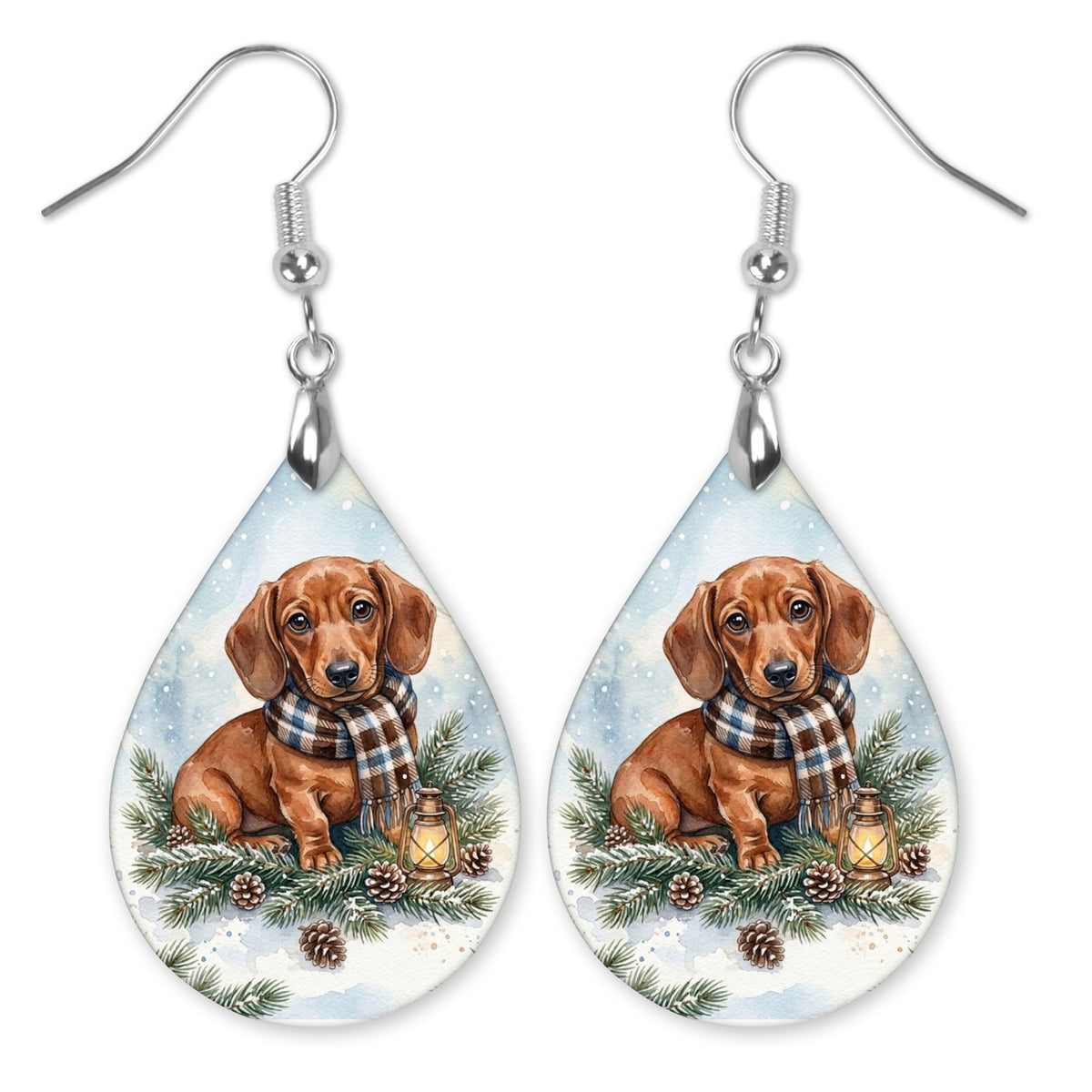 Dachshund Winter Woodland teardrop earrings with silver-tone hooks