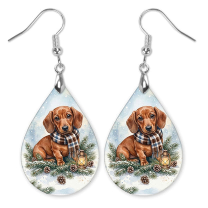 Dachshund Winter Woodland teardrop earrings with silver-tone hooks