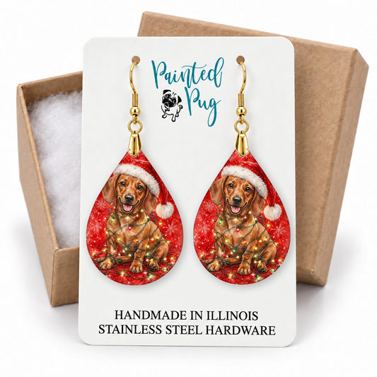 Dachshund Christmas Lights teardrop earrings on a gift box card