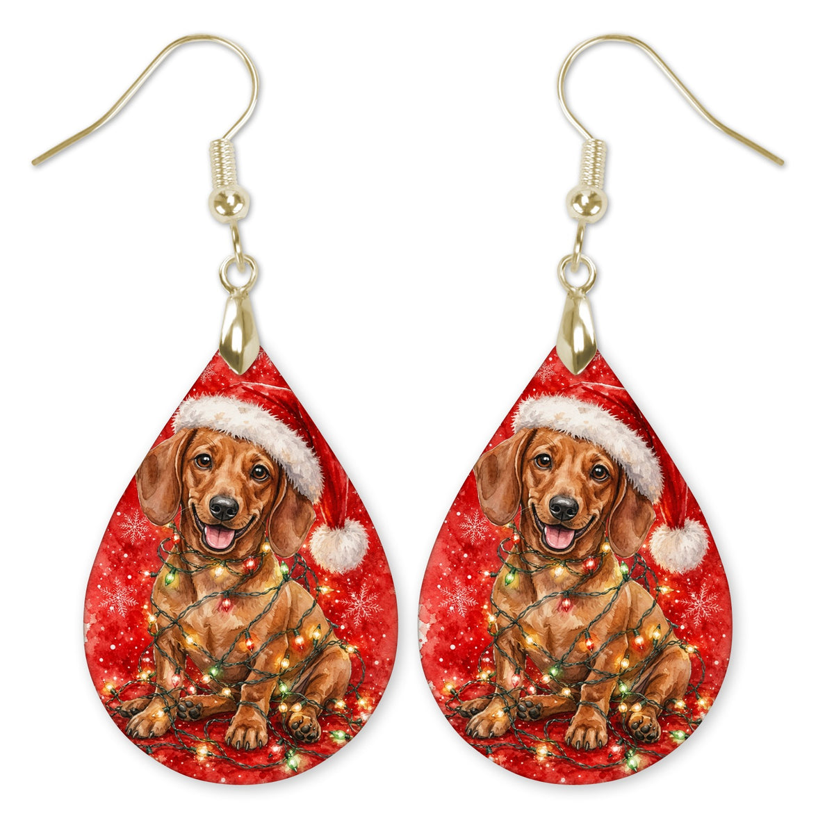 Dachshund Christmas Lights teardrop earrings with gold-tone hooks