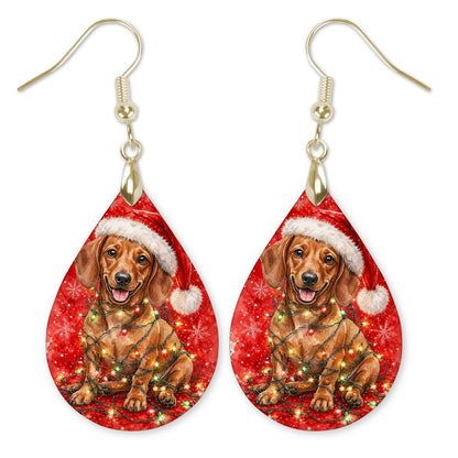 Dachshund Christmas Lights teardrop earrings with gold-tone hooks