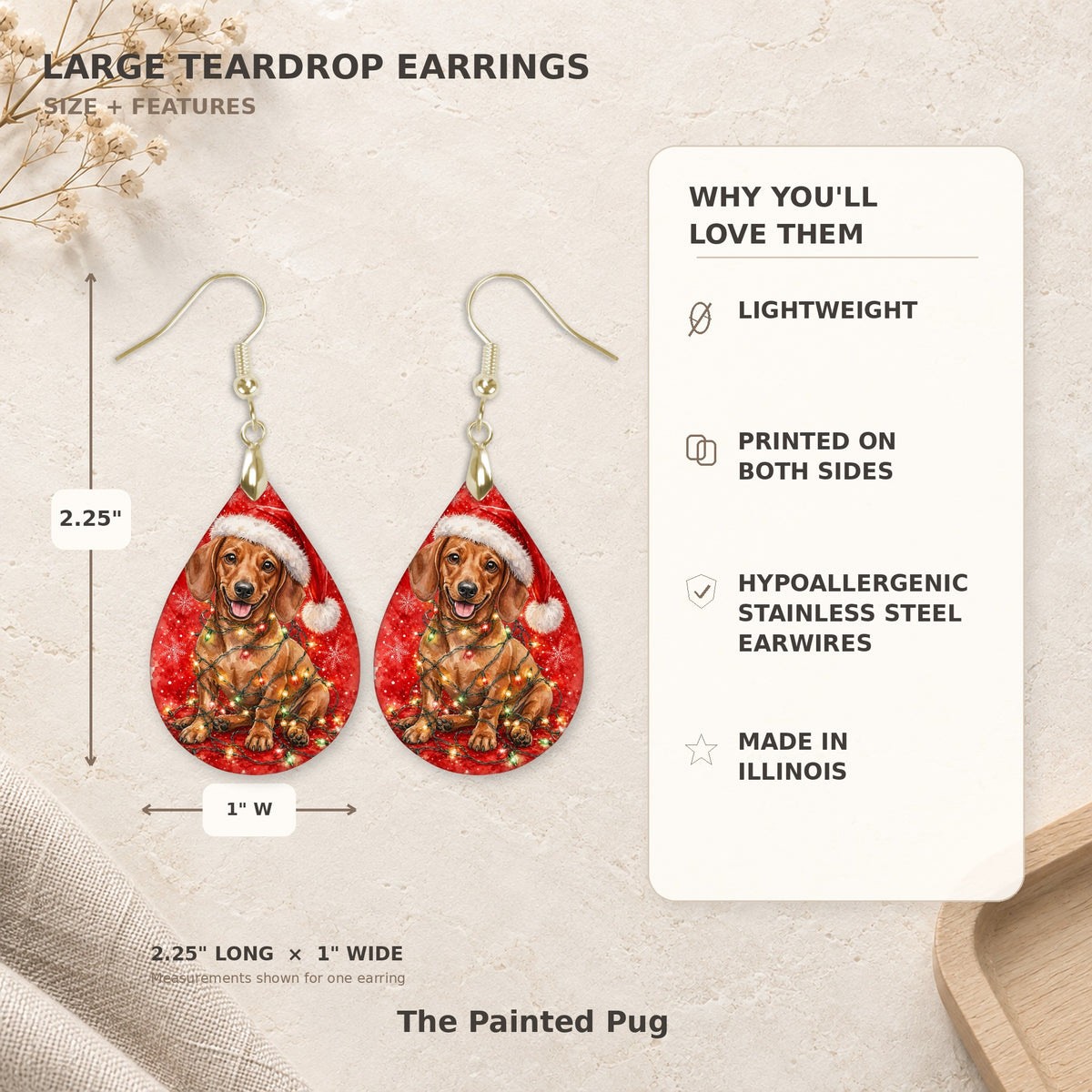 Earring size guide: 2.25 inches long with hook, 1 inch wide