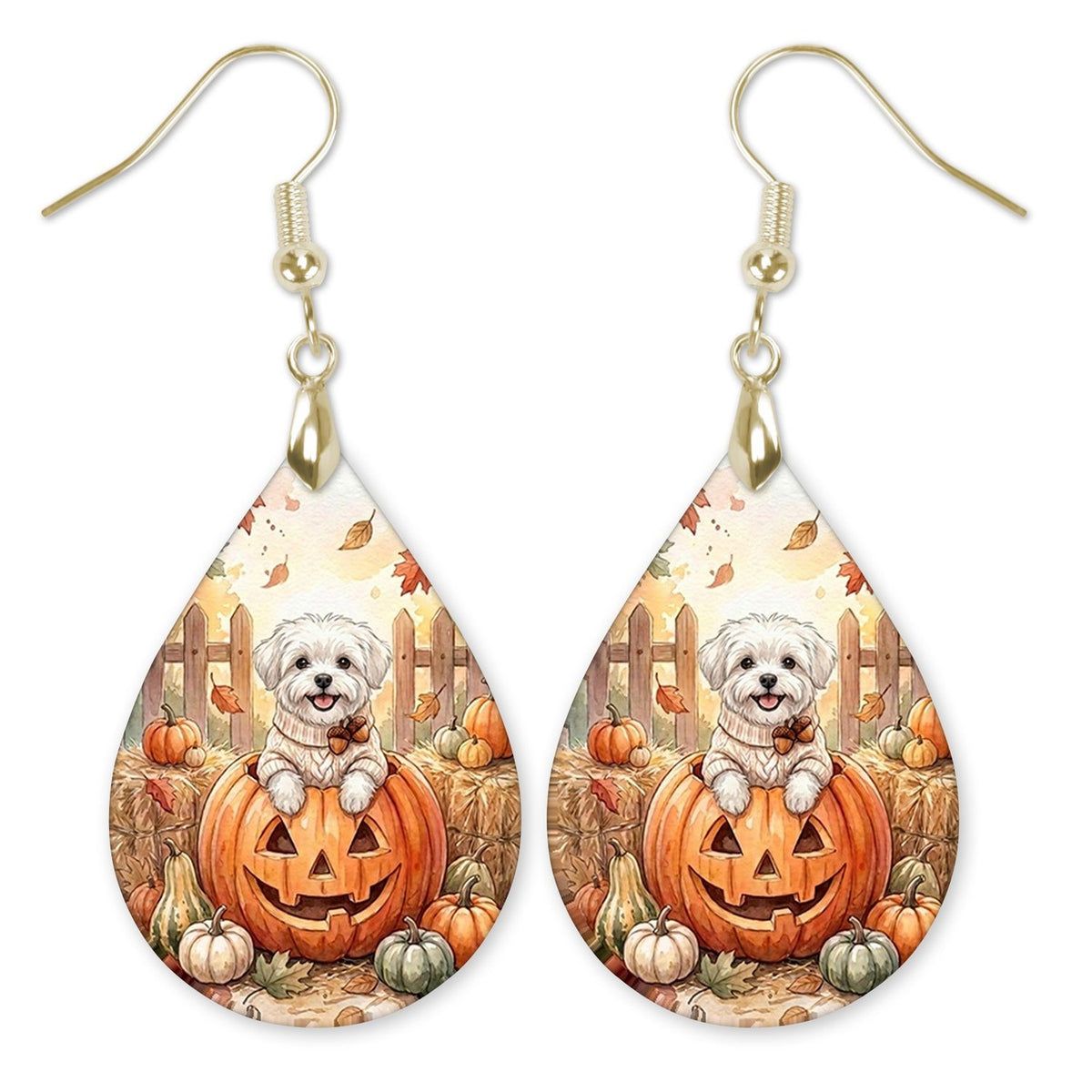 Maltese Pumpkin Teardrop Earrings on white