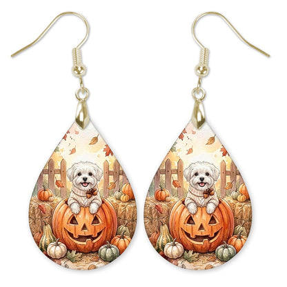 Maltese Pumpkin Teardrop Earrings on white
