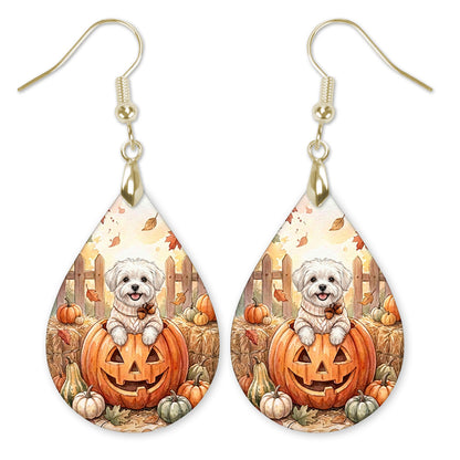 Maltese in a jack-o-lantern teardrop earrings with gold hooks