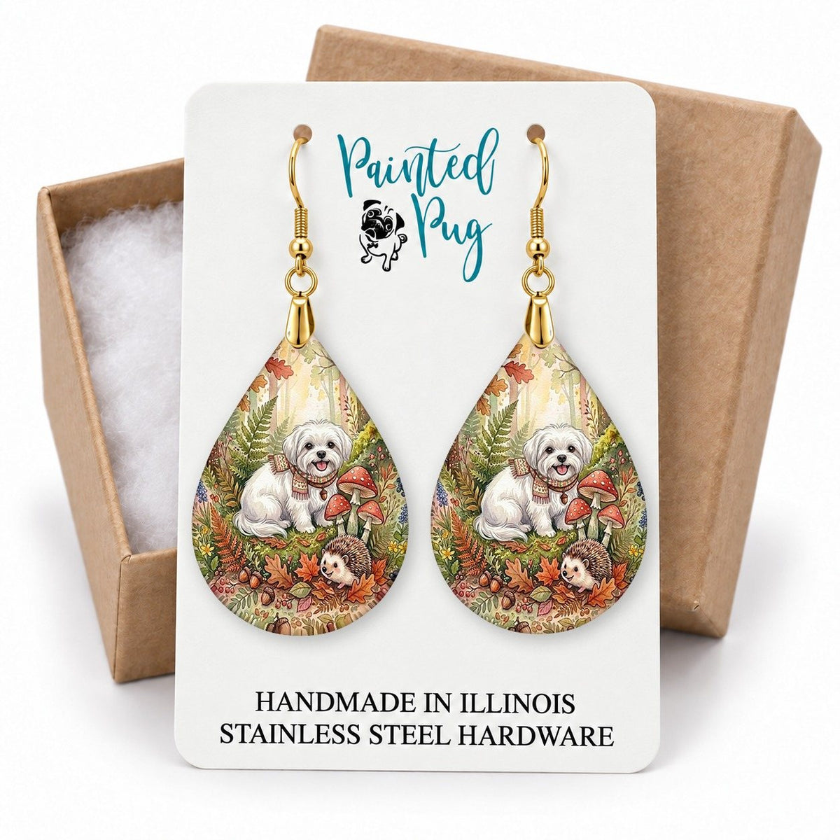 Maltese Woodland Teardrop Earrings gift box