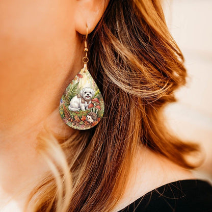 Maltese Woodland Teardrop Earrings close-up on model