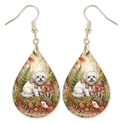 Maltese woodland teardrop earrings with gold hooks