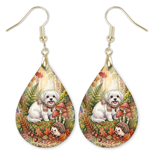 Maltese woodland teardrop earrings with gold hooks