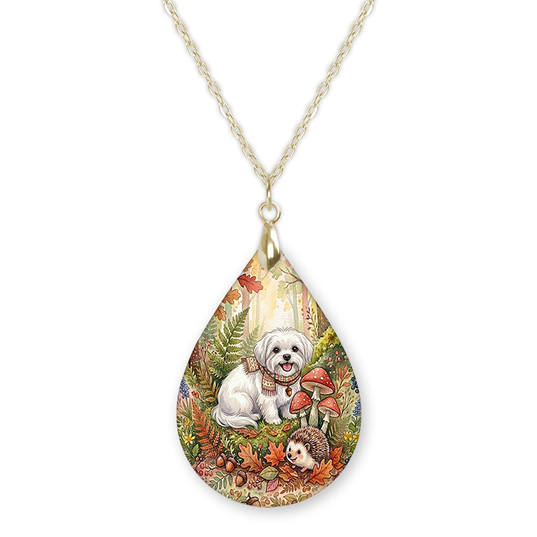 Maltese woodland teardrop necklace on a gold chain