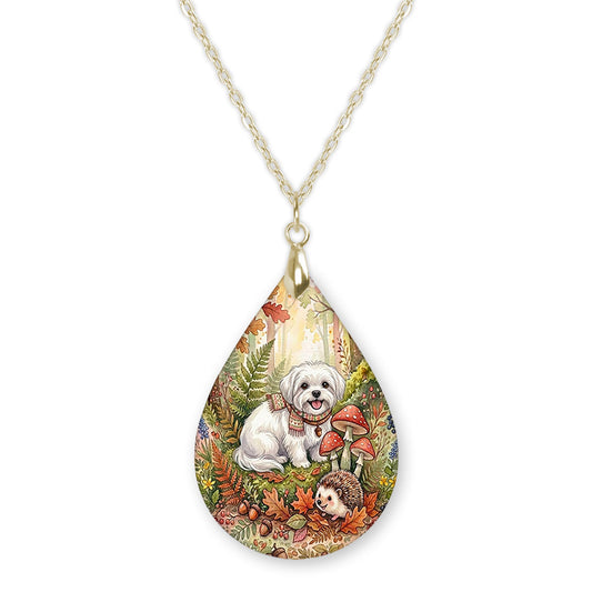 Maltese woodland teardrop necklace on a gold chain