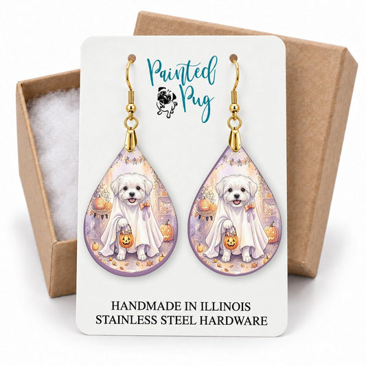 Maltese Ghost Teardrop Earrings gift box