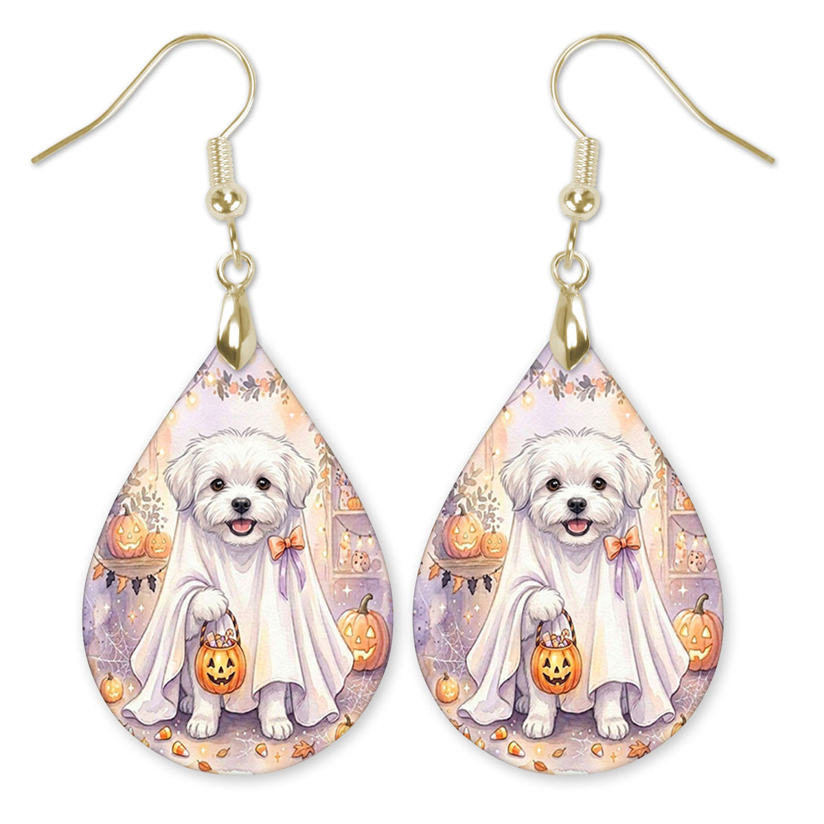 Maltese in a ghost costume teardrop earrings with gold hooks