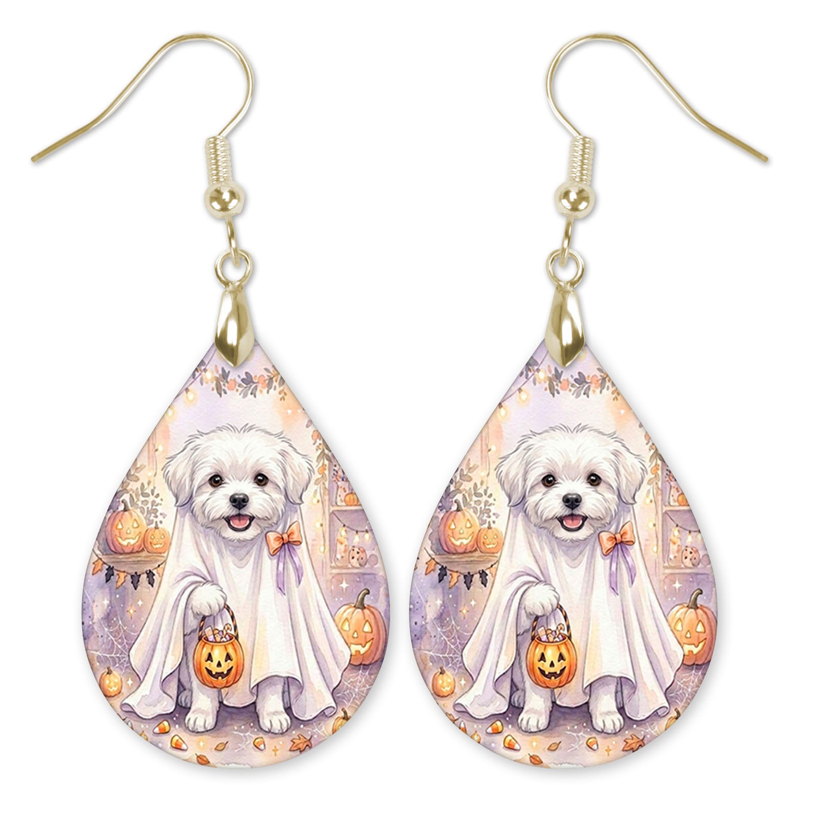 Maltese in a ghost costume teardrop earrings with gold hooks