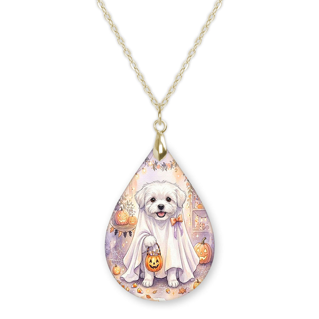 Maltese in a ghost costume teardrop necklace on a gold chain
