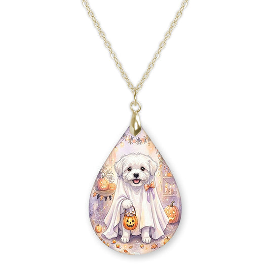 Maltese in a ghost costume teardrop necklace on a gold chain