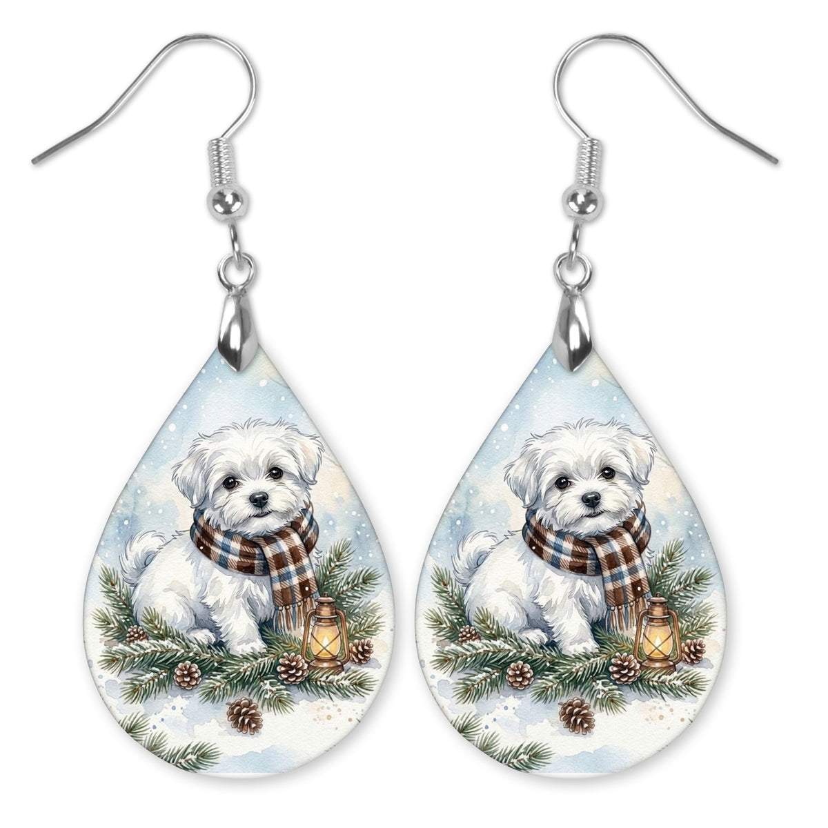 Maltese Winter Woodland teardrop earrings with silver-tone hooks